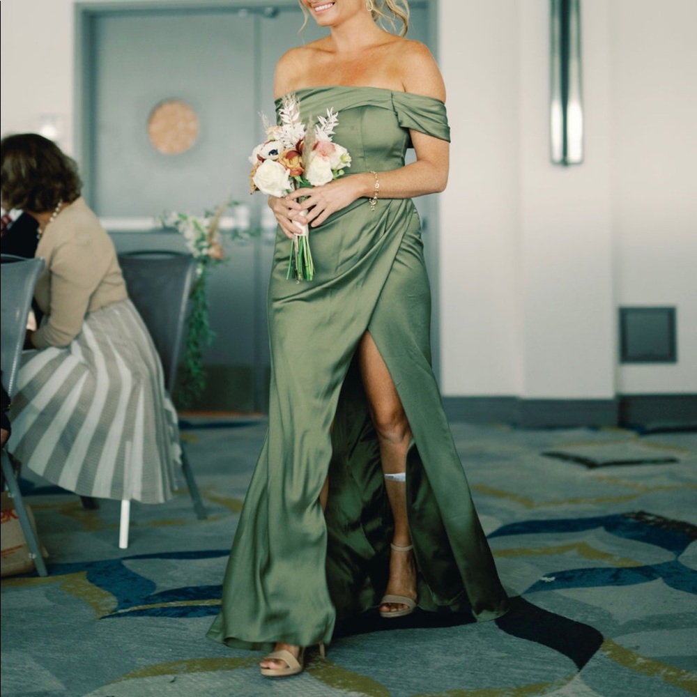 ASOS Edition satin Bardot drape wrap maxi dress in olive